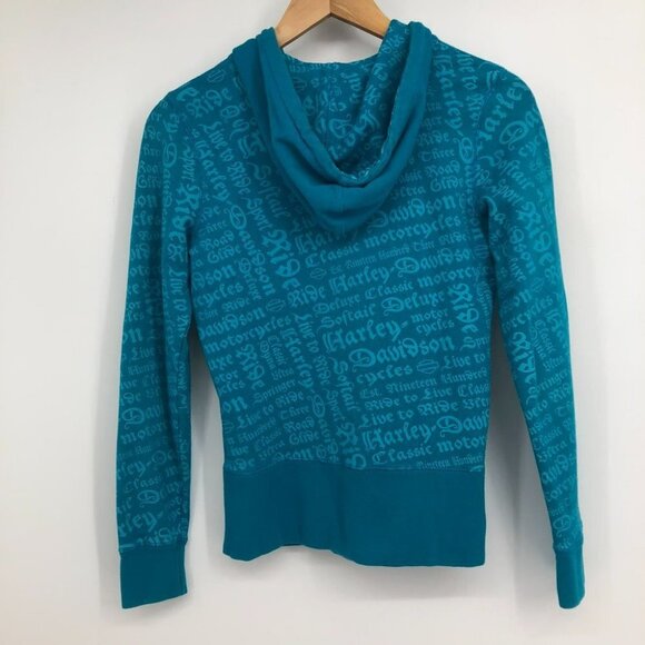 Harley Davidson  Bright Teal Blue All Over Text zipper front Hoodie size SP - Picture 10 of 15